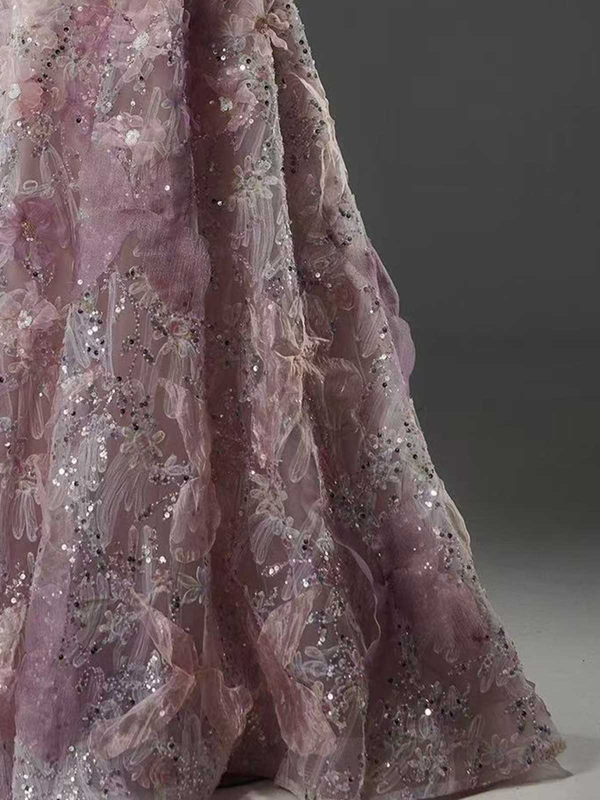 Pink Purple 3D Floral Spaghetti Strap A-Line Evening Gown