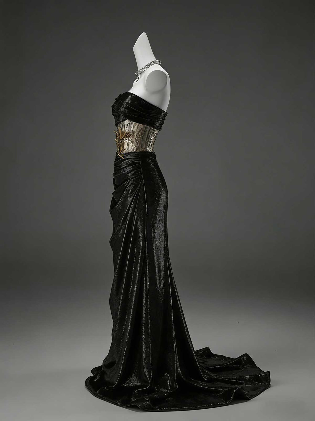 Black Gold Colorblock Velvet Strapless Mermaid Evening Gown