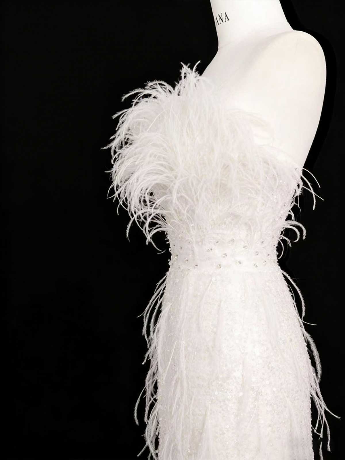 White Feather Sequin Strapless Mermaid Evening Gown with Slit