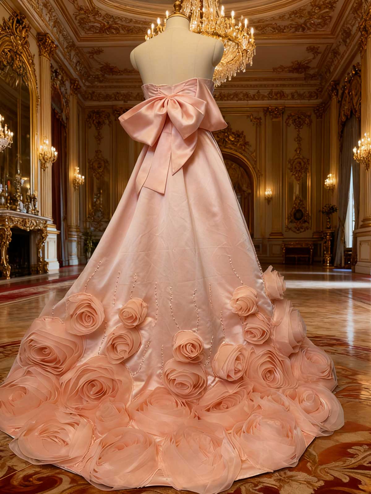 Blush Pink Off-the-Shoulder Rose-Appliquéd Satin Evening Gown