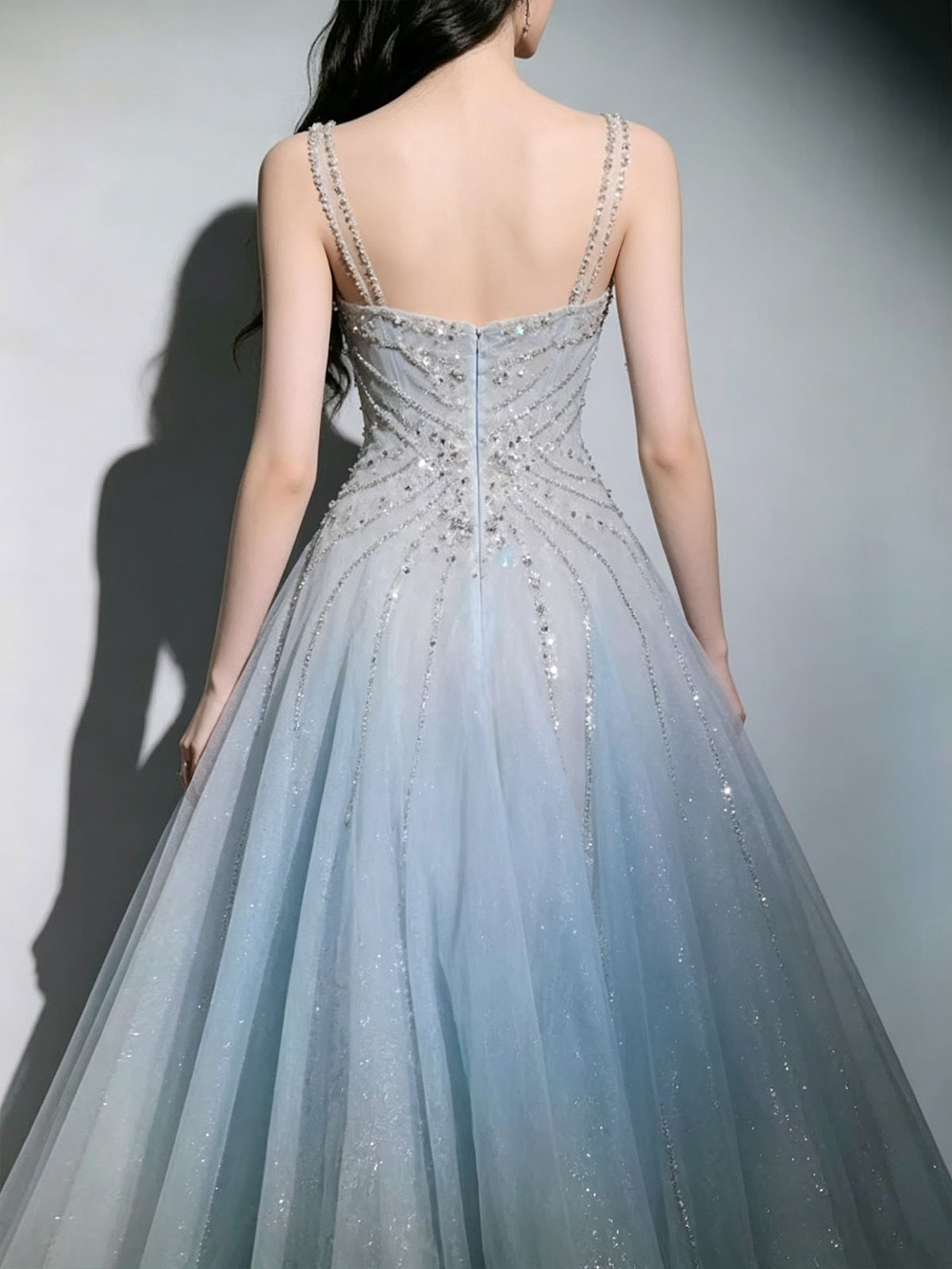 Spaghetti Strap Ombre Blue Beaded Glitter Tulle Formal Evening Dress