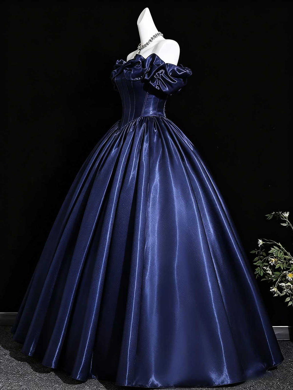 Navy Blue Off-the-Shoulder Satin Ball Gown with Corset Bodice