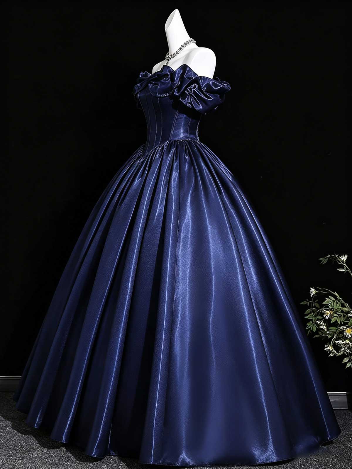 Navy Blue Off-the-Shoulder Satin Ball Gown with Corset Bodice