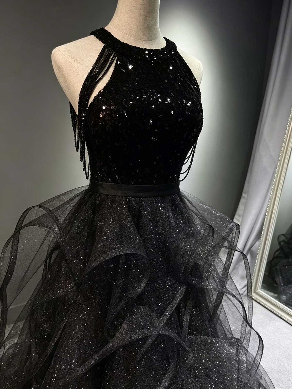 Black Halter Sequin Evening Gown with Tiered Ruffled Tulle Skirt