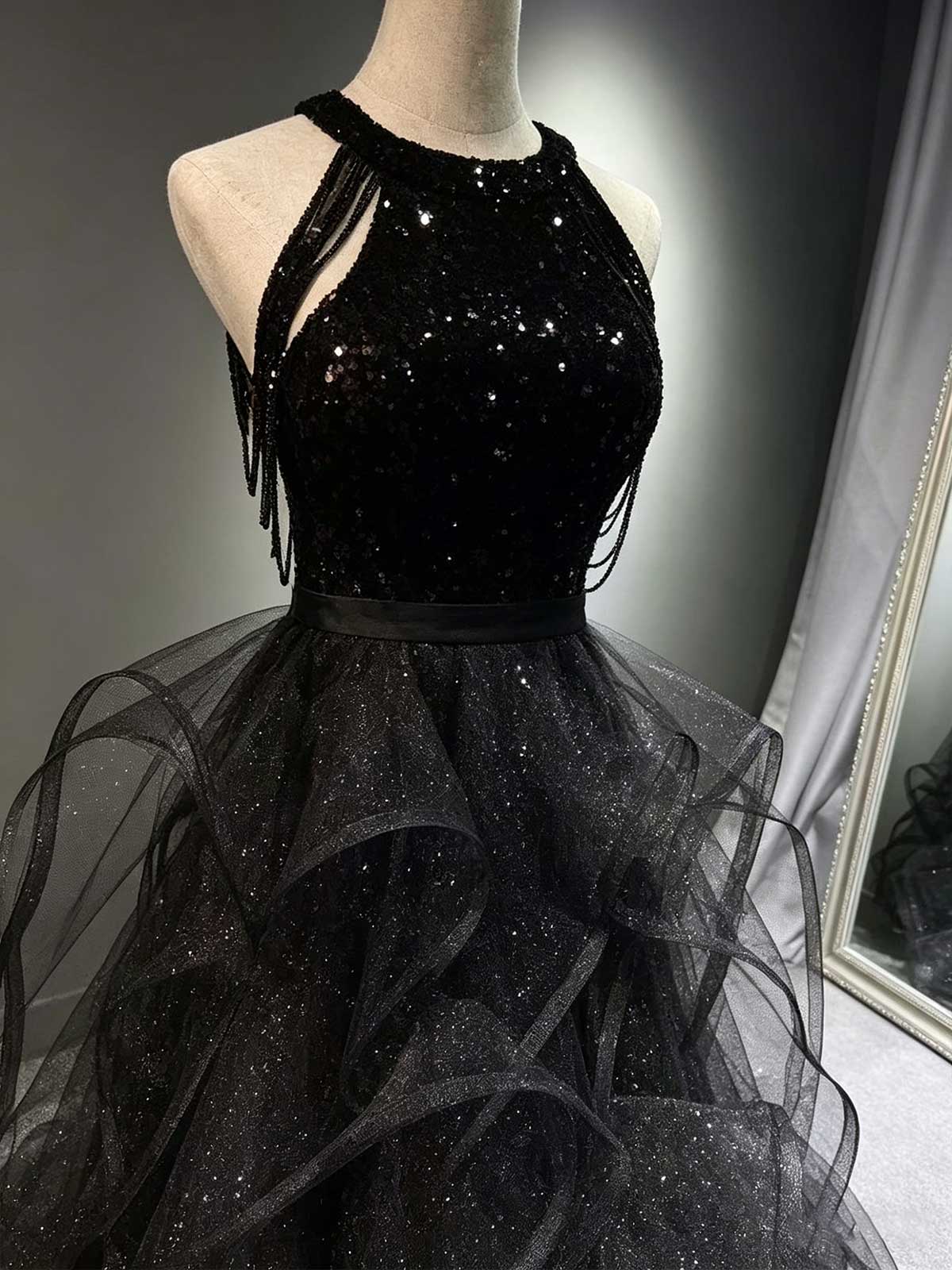 Black Halter Sequin Evening Gown with Tiered Ruffled Tulle Skirt