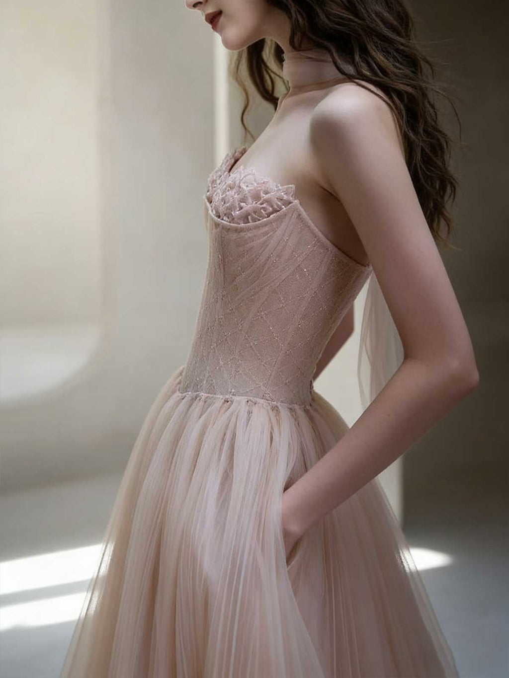Elegant Blush Pink Tulle Corset Evening Gown with Pleated Skirt