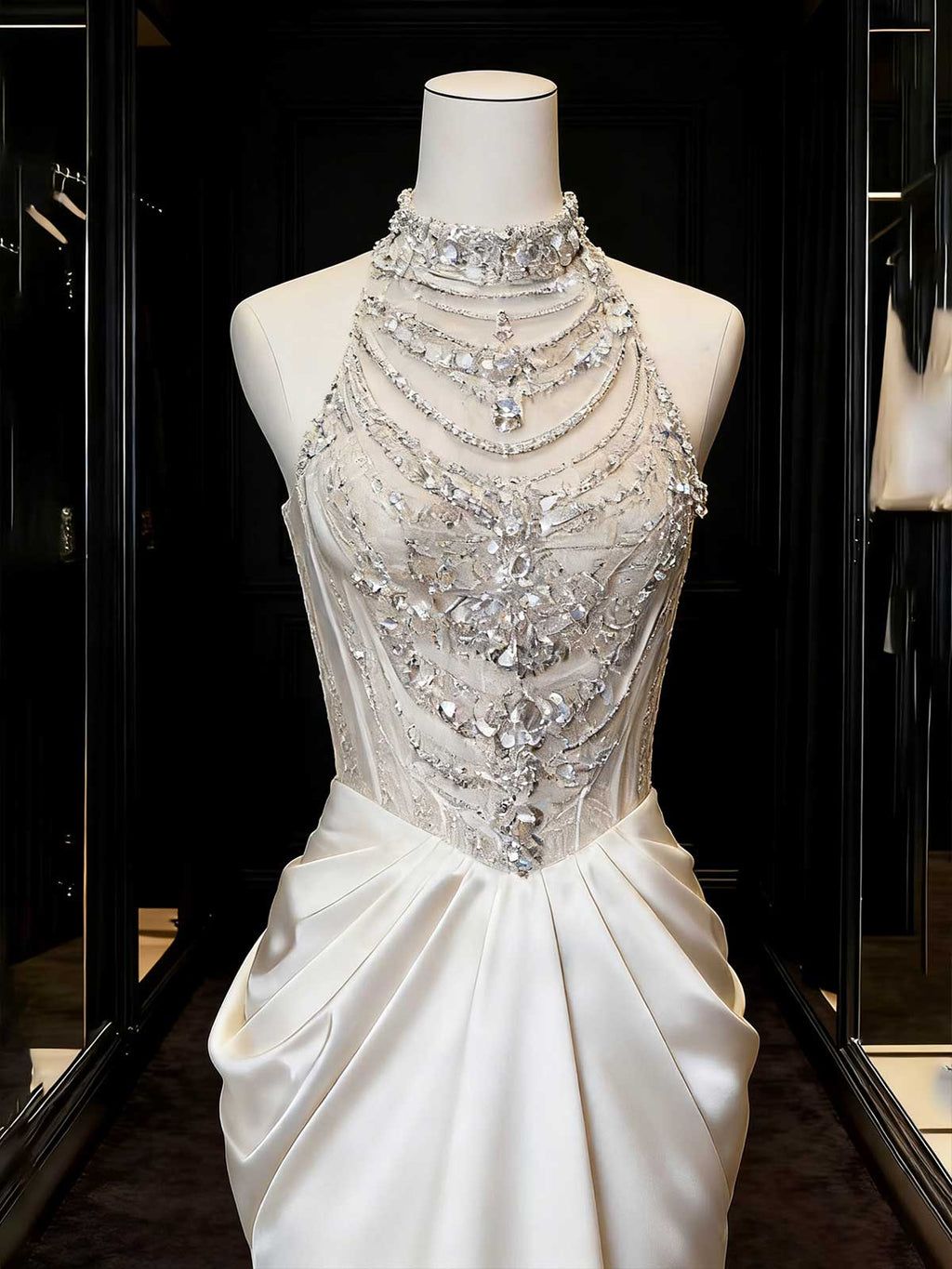 Glamorous Halter Neck Beaded Satin Mermaid Wedding Gown with Train