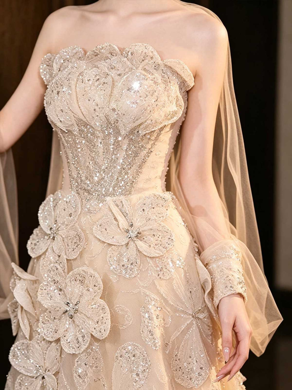 Champagne Gold 3D Floral Beaded Strapless A-Line Evening Gown with Sleeves