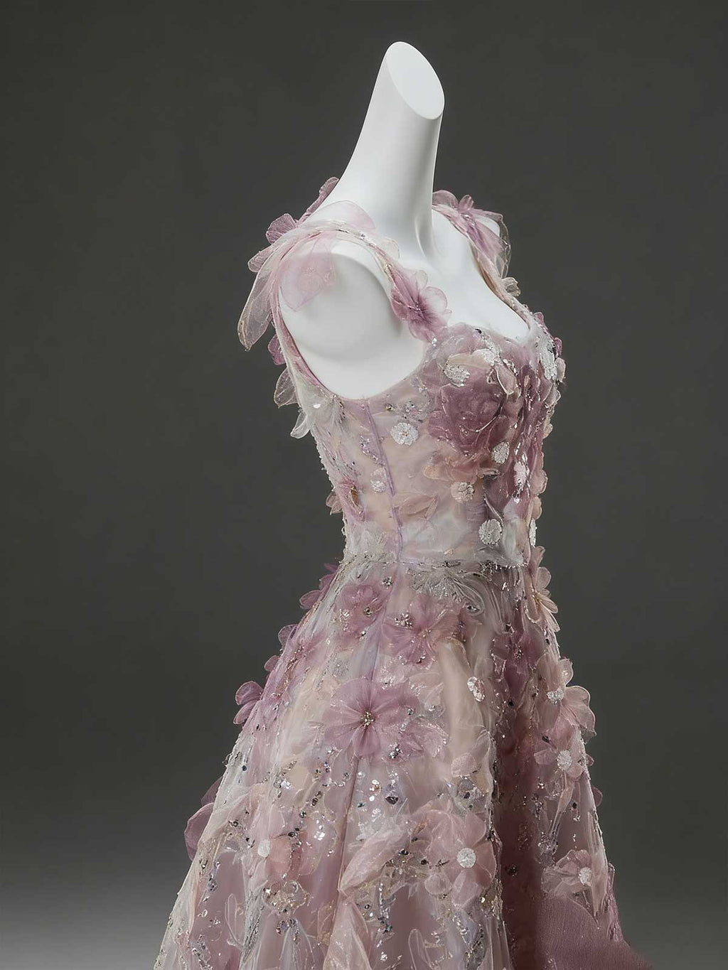 Pink Purple 3D Floral Spaghetti Strap A-Line Evening Gown