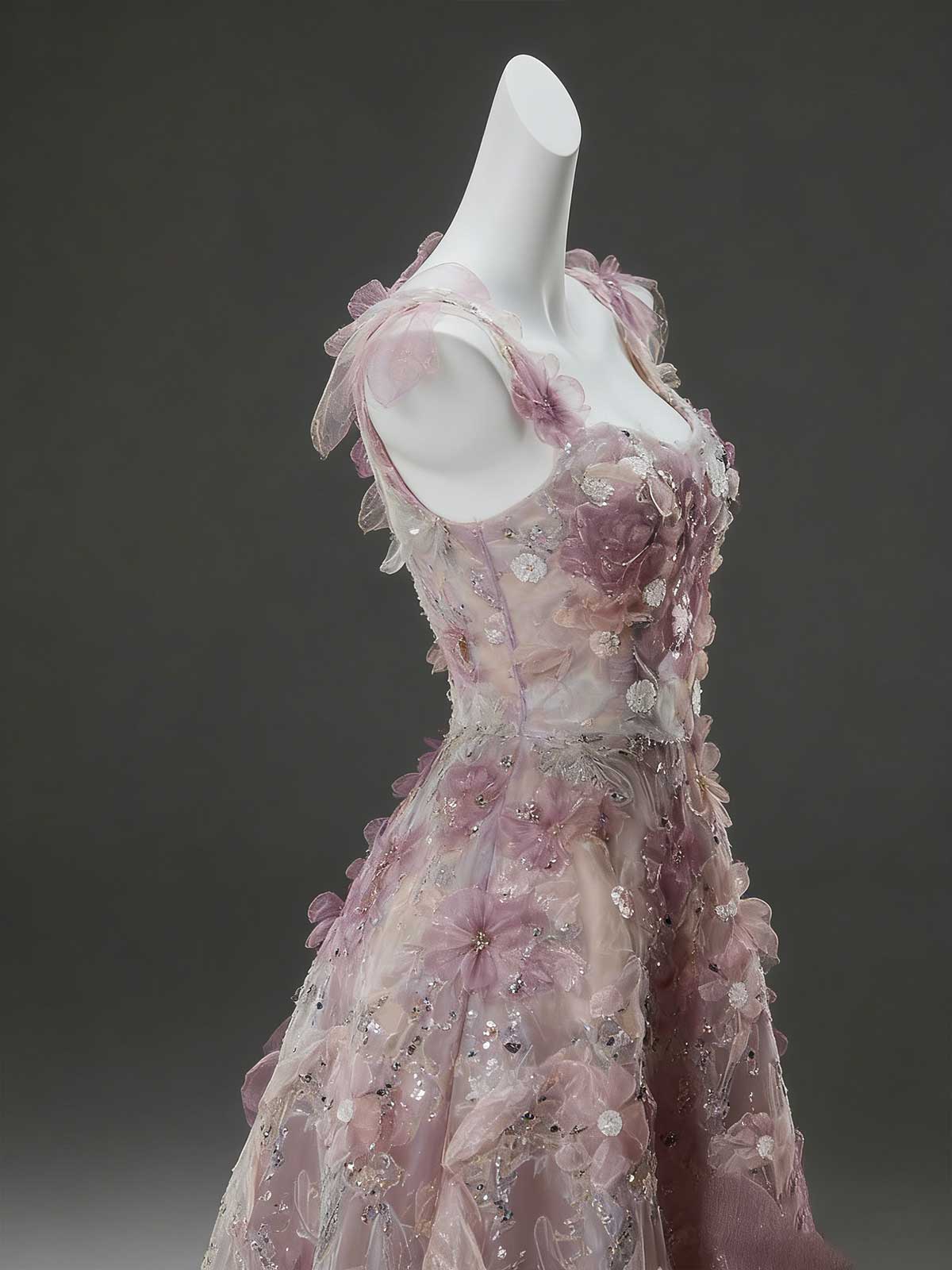 Pink Purple 3D Floral Spaghetti Strap A-Line Evening Gown