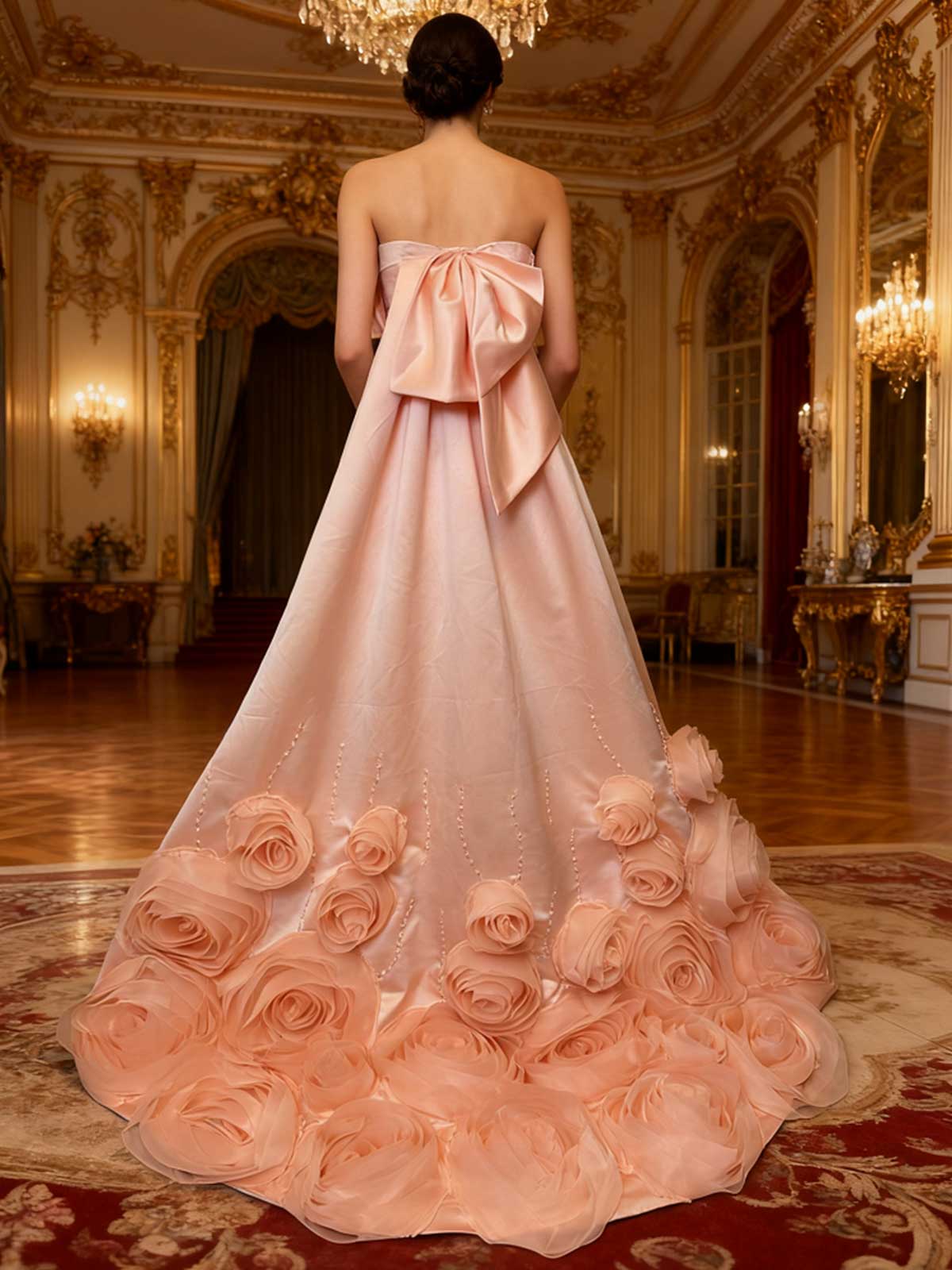 Blush Pink Off-the-Shoulder Rose-Appliquéd Satin Evening Gown