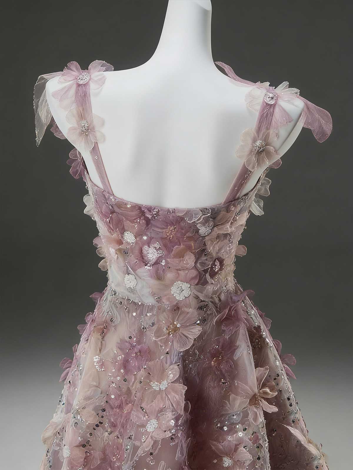 Pink Purple 3D Floral Spaghetti Strap A-Line Evening Gown