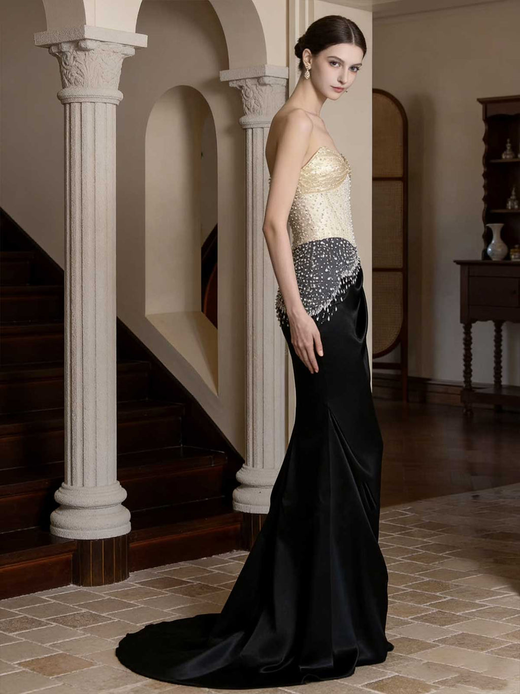 Luxury Black Gold Beaded Mermaid Evening Gown with Train