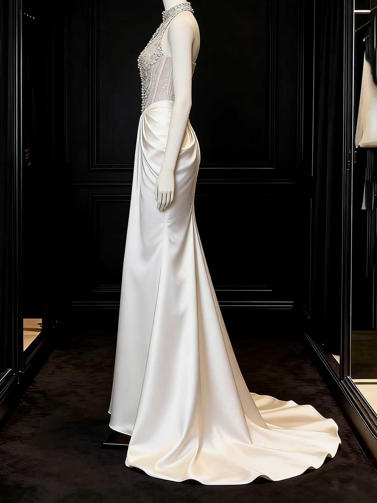 Glamorous Halter Neck Beaded Satin Mermaid Wedding Gown with Train