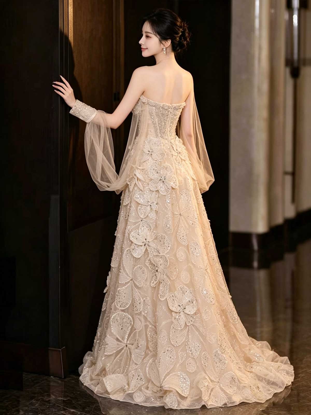 Champagne Gold 3D Floral Beaded Strapless A-Line Evening Gown with Sleeves