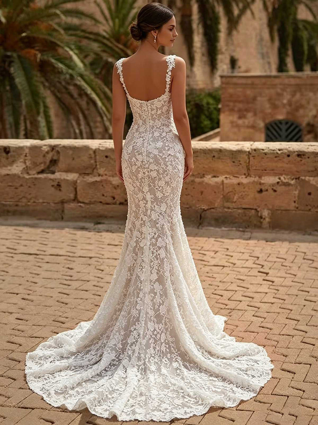 Ivory Lace Square Neck Spaghetti Strap Mermaid Wedding Dress