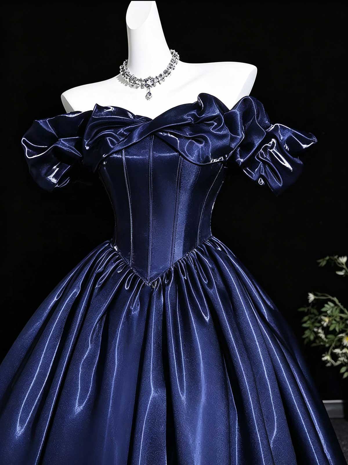 Navy Blue Off-the-Shoulder Satin Ball Gown with Corset Bodice