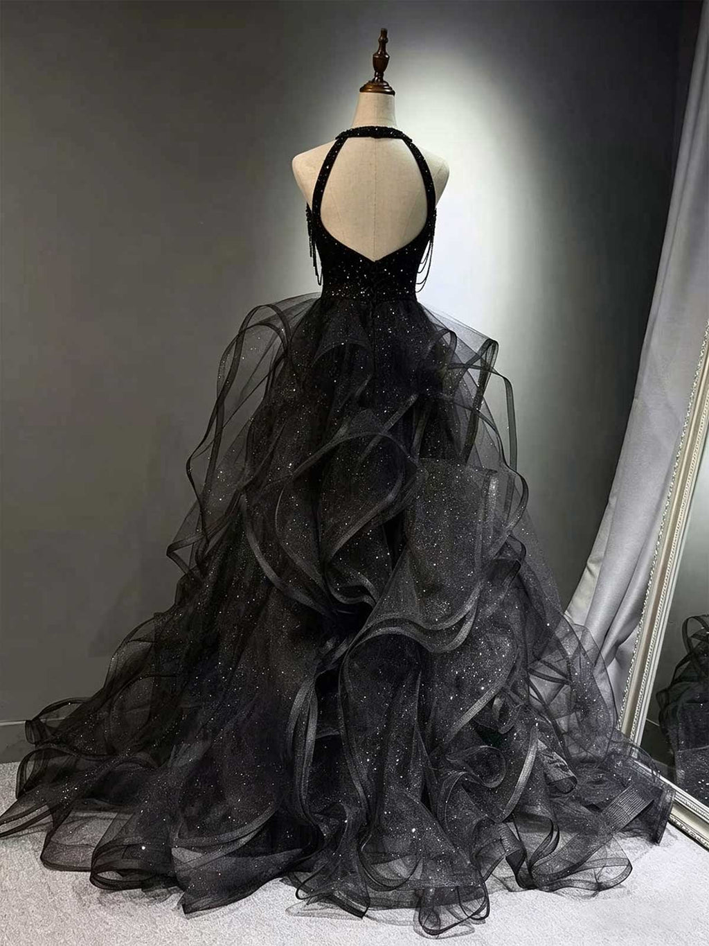 Black Halter Sequin Evening Gown with Tiered Ruffled Tulle Skirt