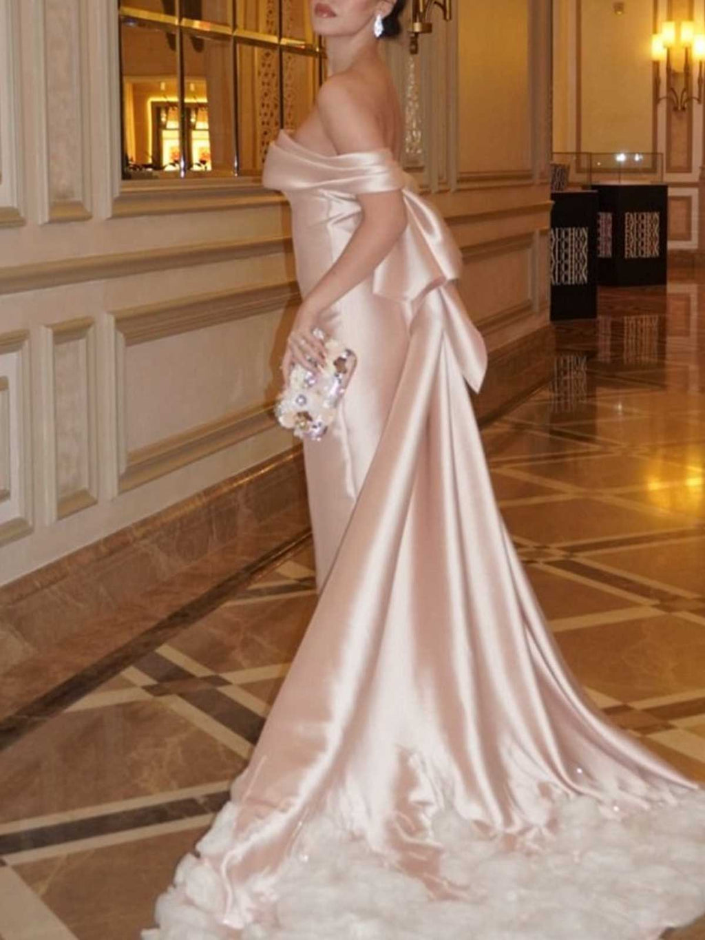 Blush Pink Off-the-Shoulder Rose-Appliquéd Satin Evening Gown