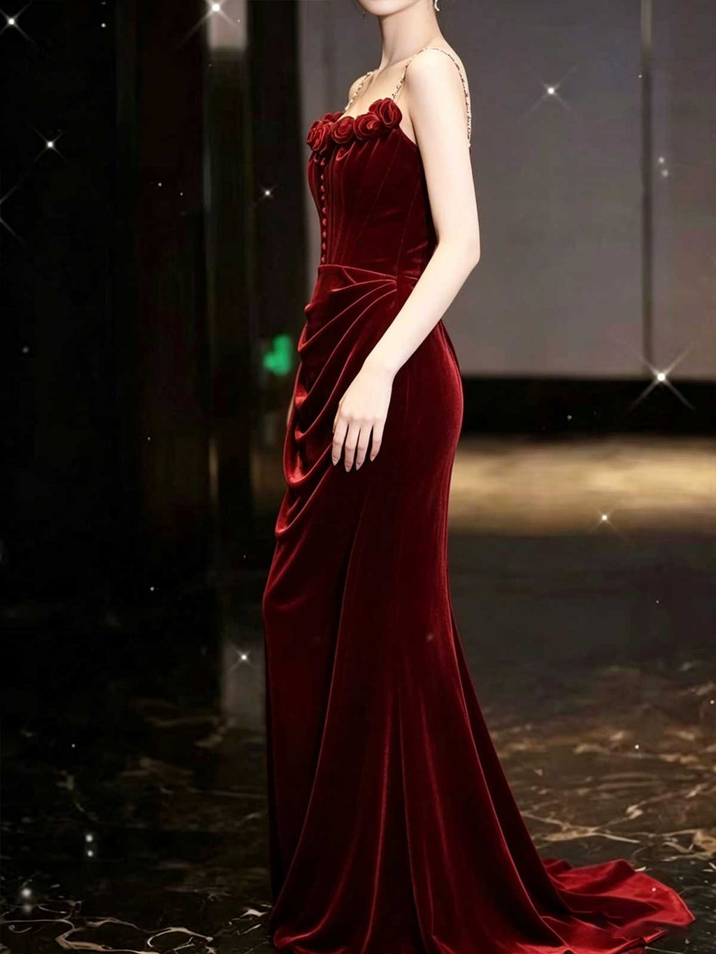 Burgundy Velvet Rose Applique Strapless Mermaid Evening Gown
