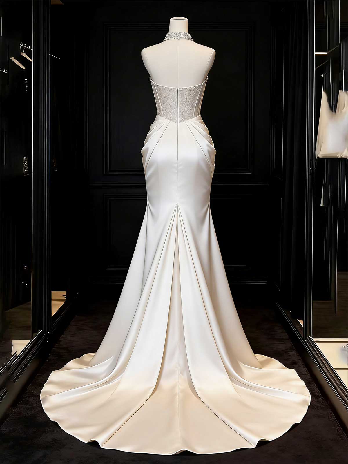 Glamorous Halter Neck Beaded Satin Mermaid Wedding Gown with Train