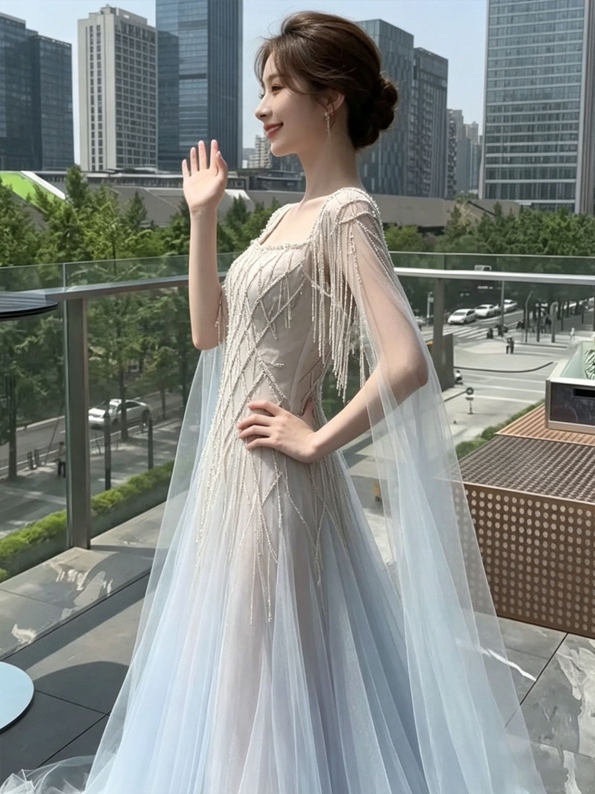 Square Neck Crisscross Beaded Cape Tulle Mermaid Evening Gown