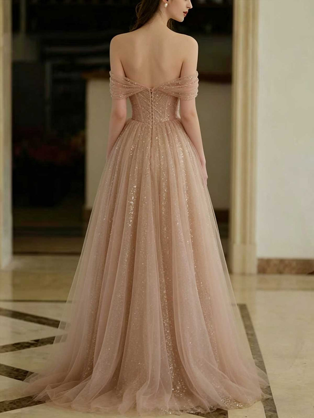 Nude Pink Starry Tulle Evening Gown