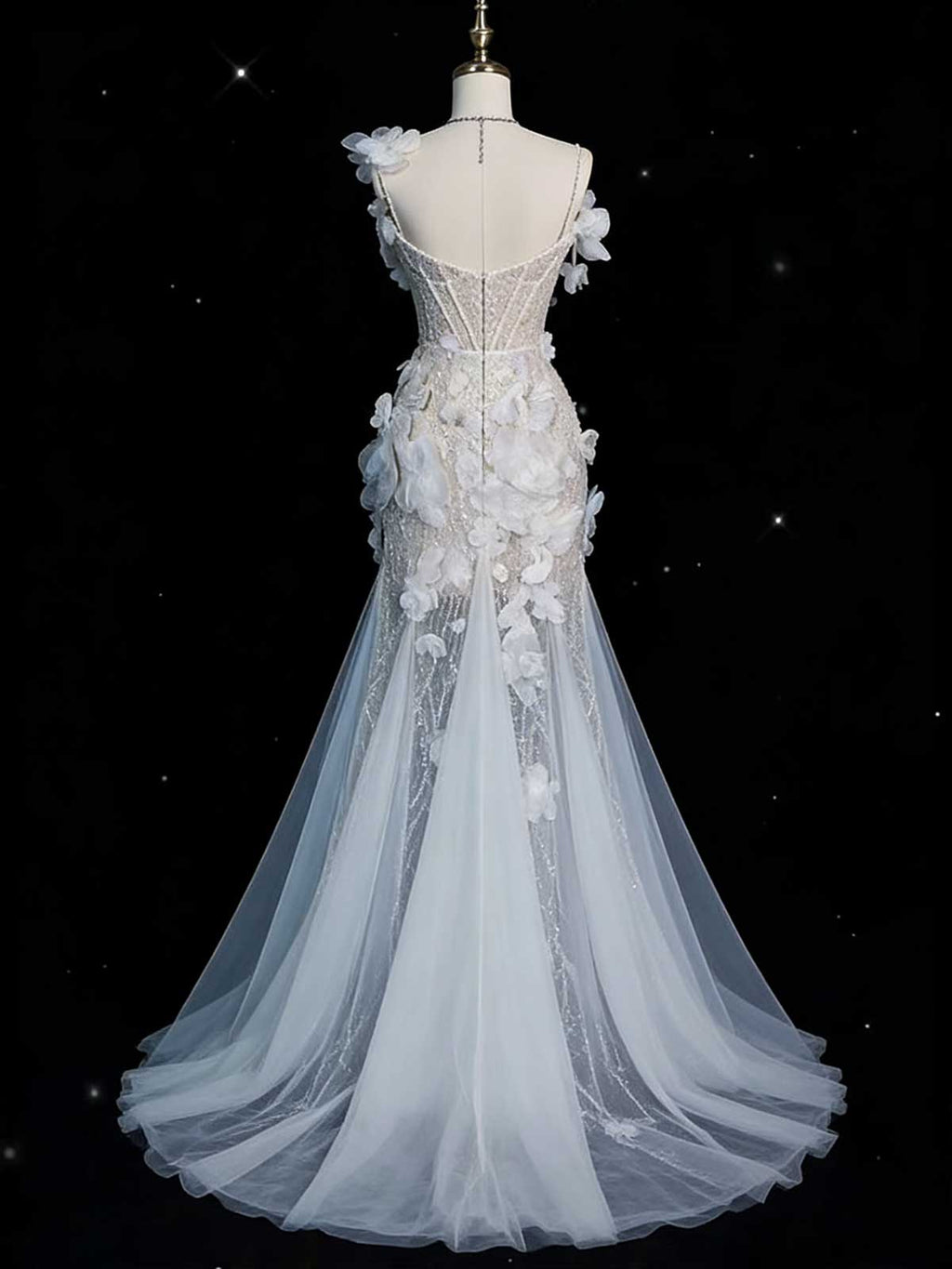 3D Floral Applique Tulle Mermaid Wedding Dress with Spaghetti Straps