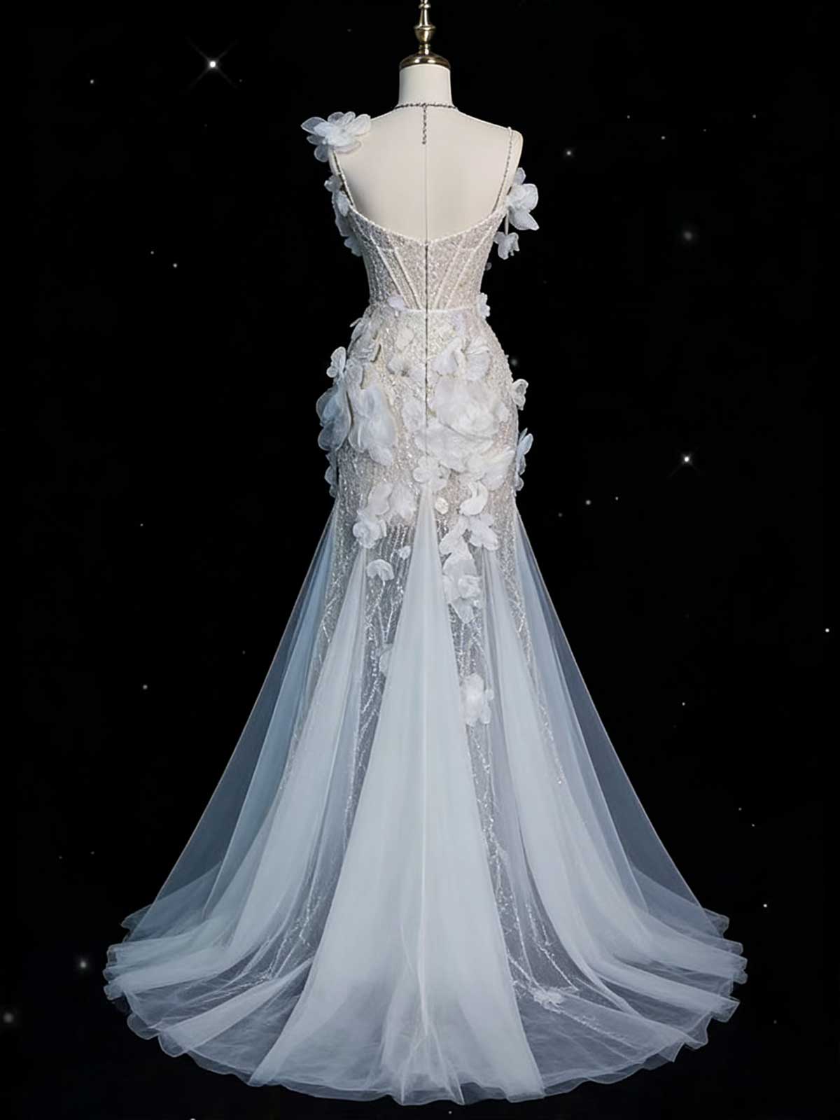 3D Floral Applique Tulle Mermaid Wedding Dress with Spaghetti Straps