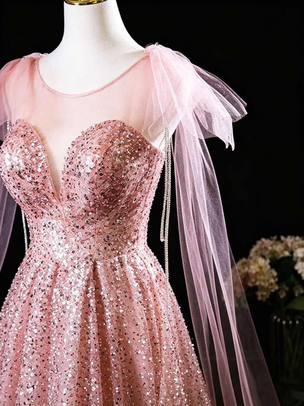 Blush Pink Sequin A-Line Prom Dress with Sheer Cape Sleeves