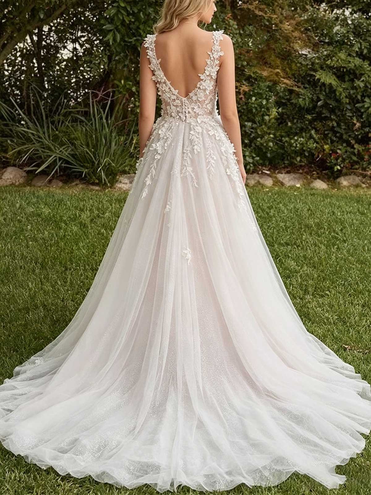 Ivory 3D Floral Applique V-Neck Sheer Tulle A-Line Wedding Dress