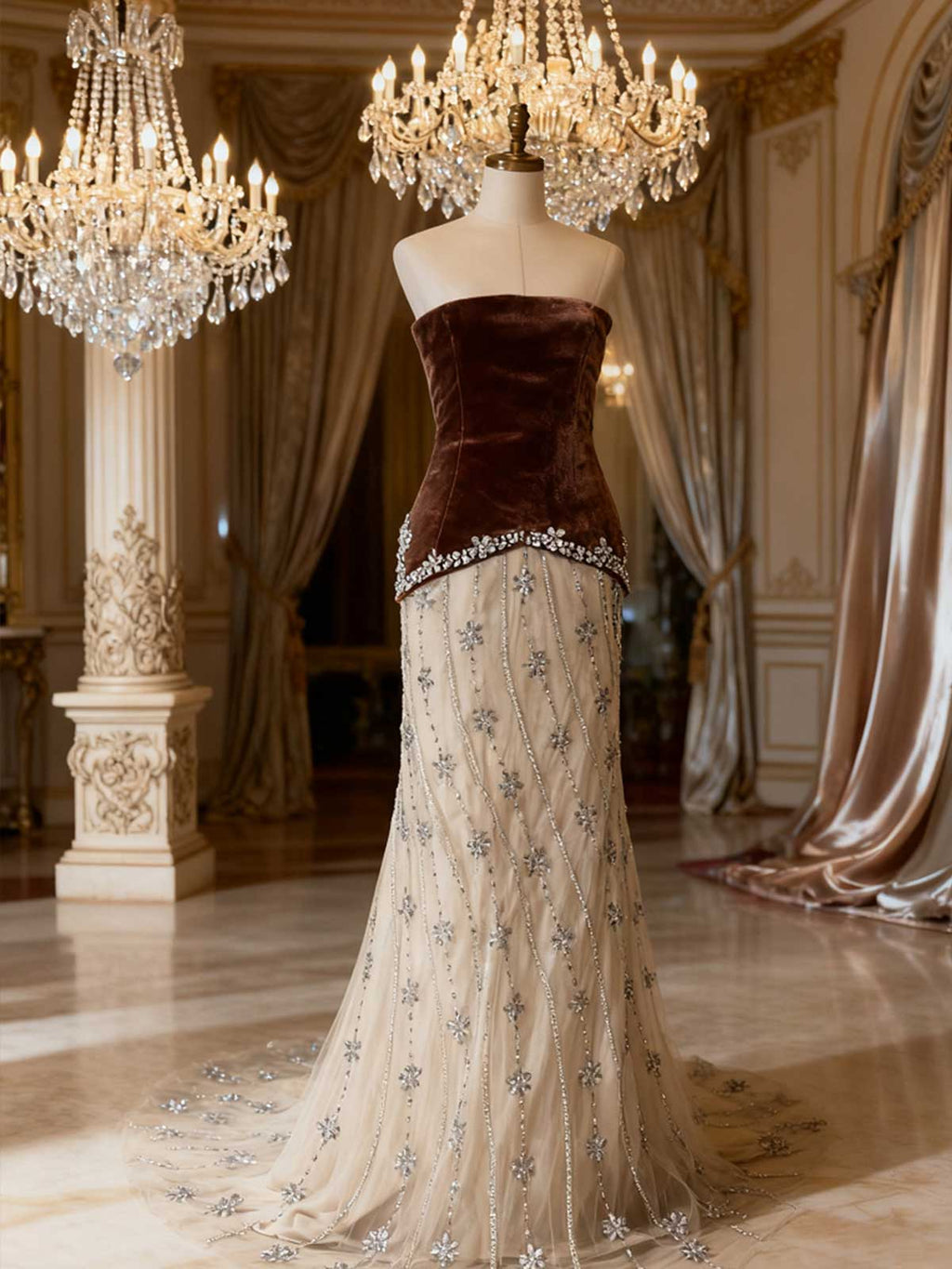 Luxury Champagne Evening Gown with Sparkle Floral Embellishments