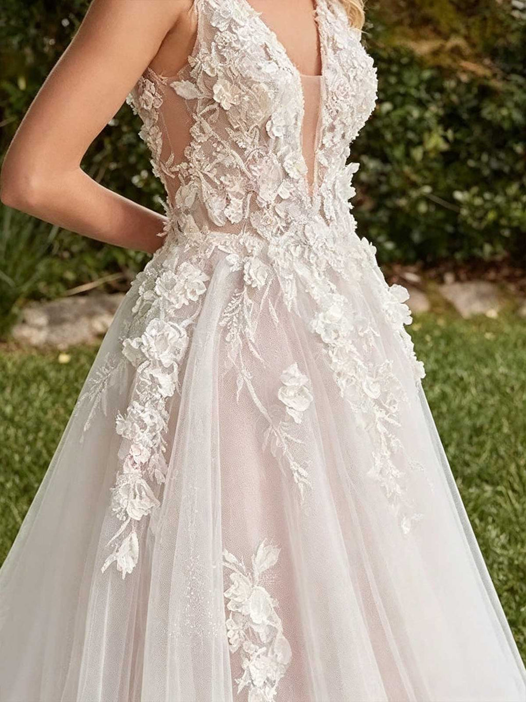 Ivory 3D Floral Applique V-Neck Sheer Tulle A-Line Wedding Dress