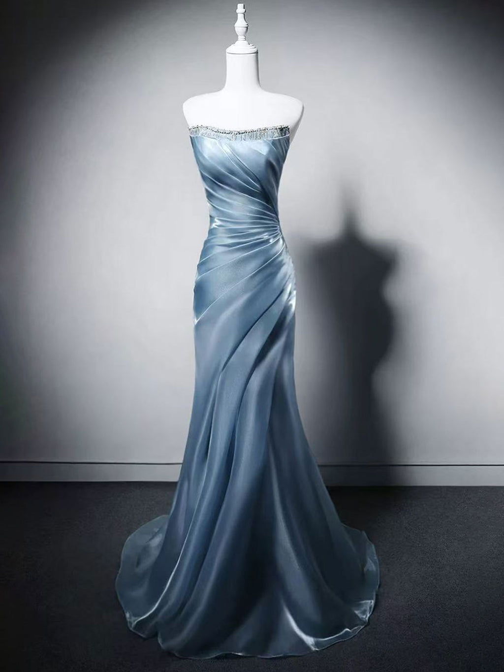 Dusty Blue Strapless Satin Mermaid Evening Gown with Beading