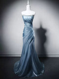 Dusty Blue Strapless Satin Mermaid Evening Gown with Beading