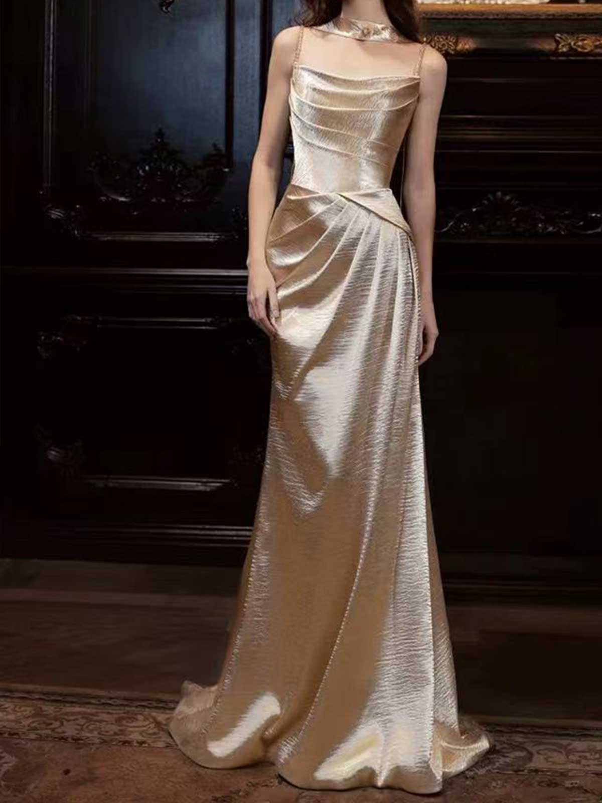 Champagne Satin Mermaid Gown with Halter Strap & Draped Bodice