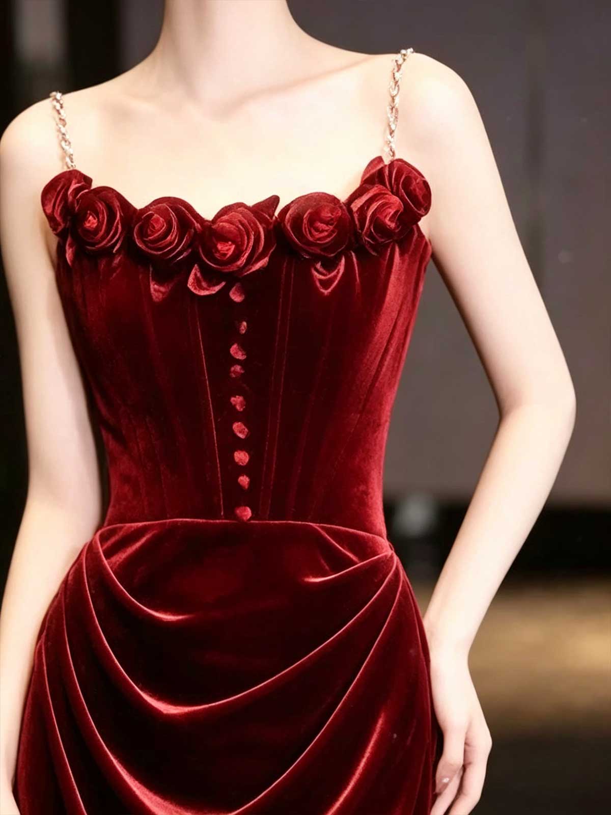 Burgundy Velvet Rose Applique Strapless Mermaid Evening Gown