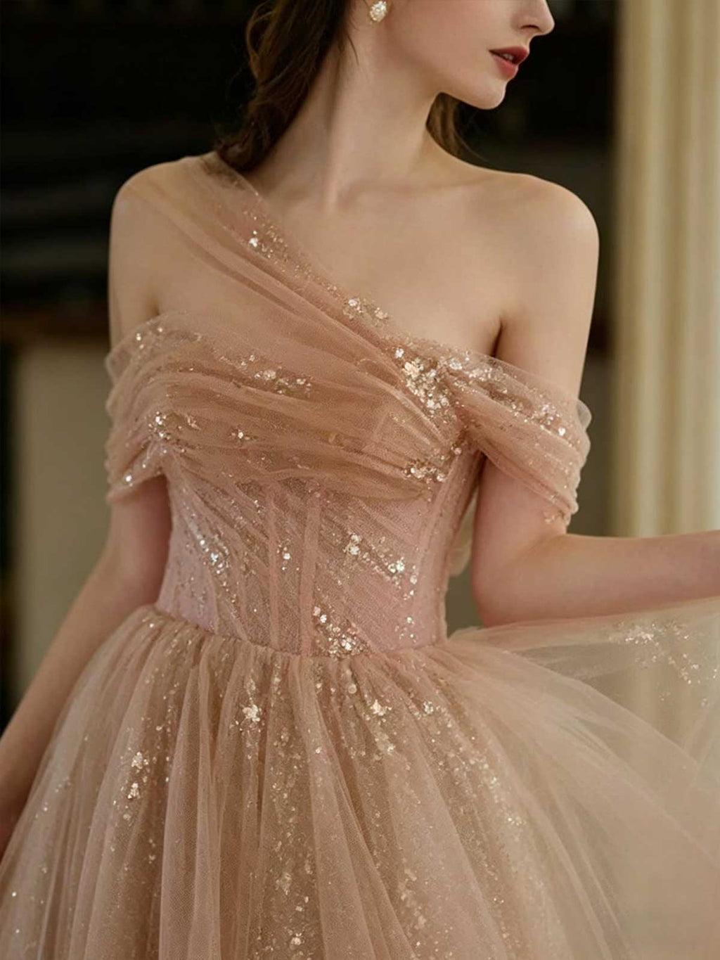 Nude Pink Starry Tulle Evening Gown