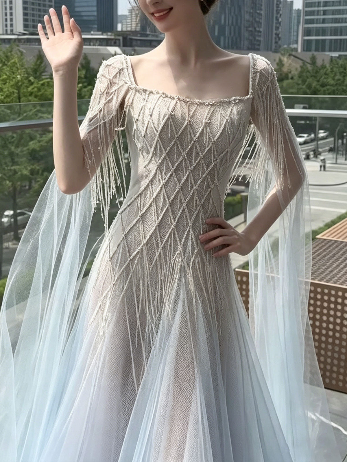 Square Neck Crisscross Beaded Cape Tulle Mermaid Evening Gown