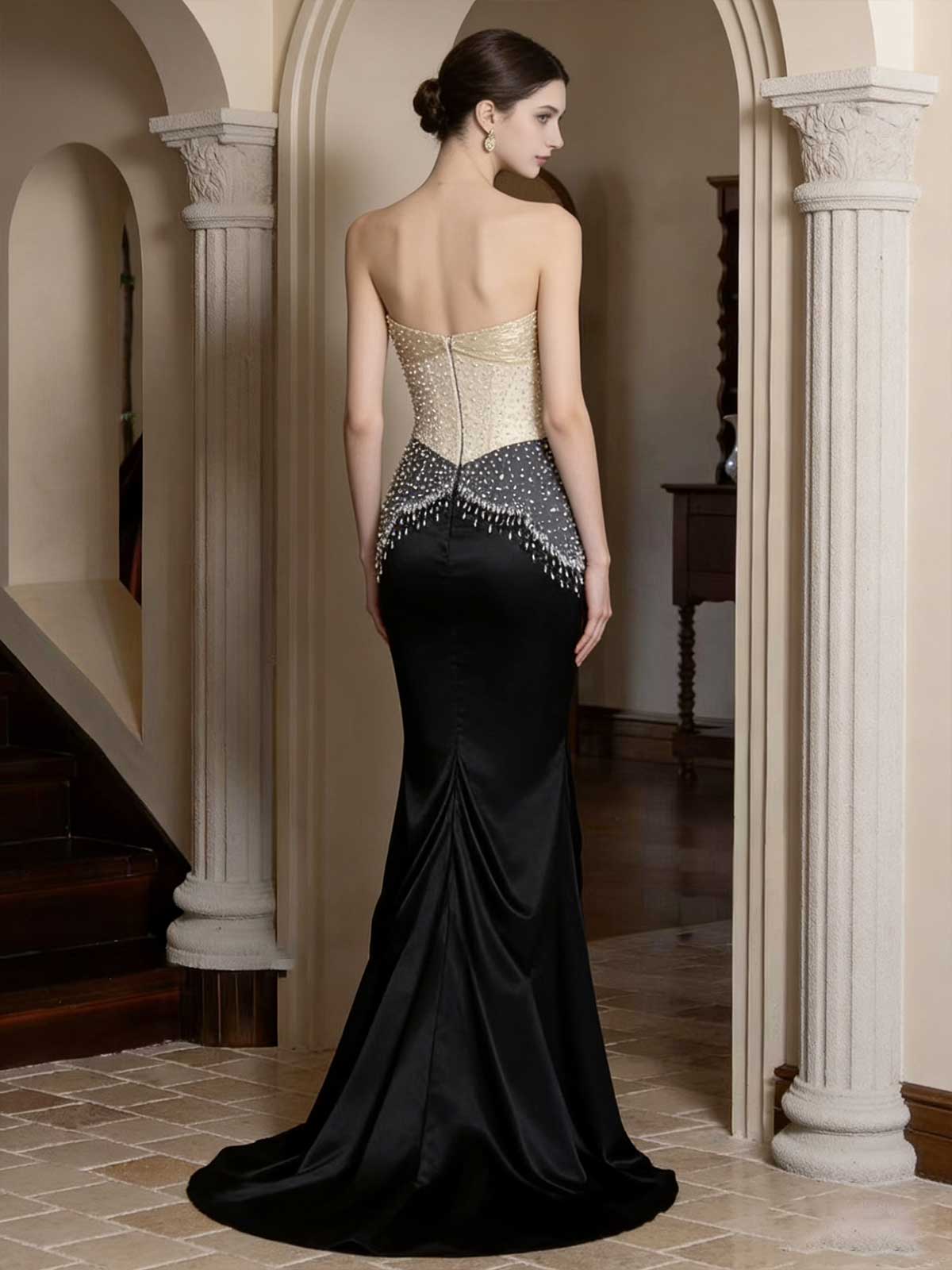 Luxury Black Gold Beaded Mermaid Evening Gown with Train