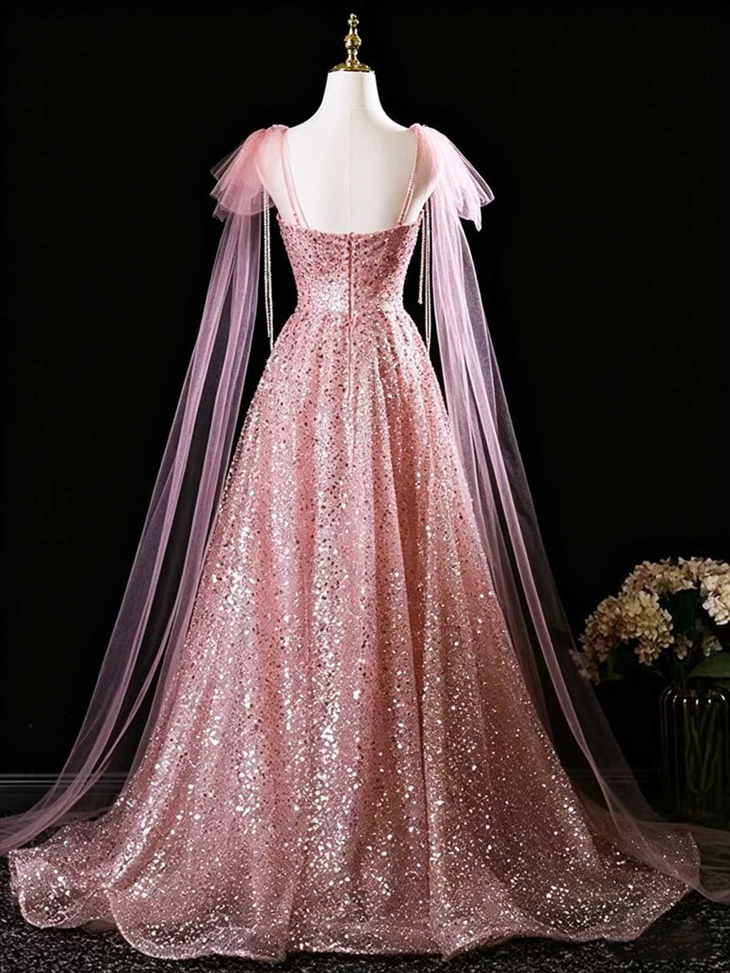 Blush Pink Sequin A-Line Prom Dress with Sheer Cape Sleeves
