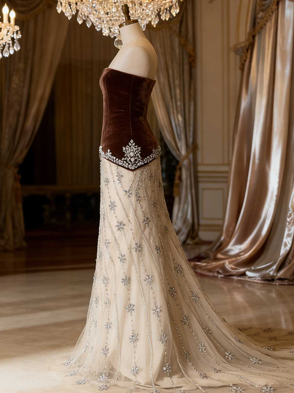Luxury Champagne Evening Gown with Sparkle Floral Embellishments
