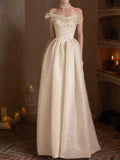 Off-the-Shoulder Ball Gown with Lace Mesh Neckline & Glitter Tweed Fabric
