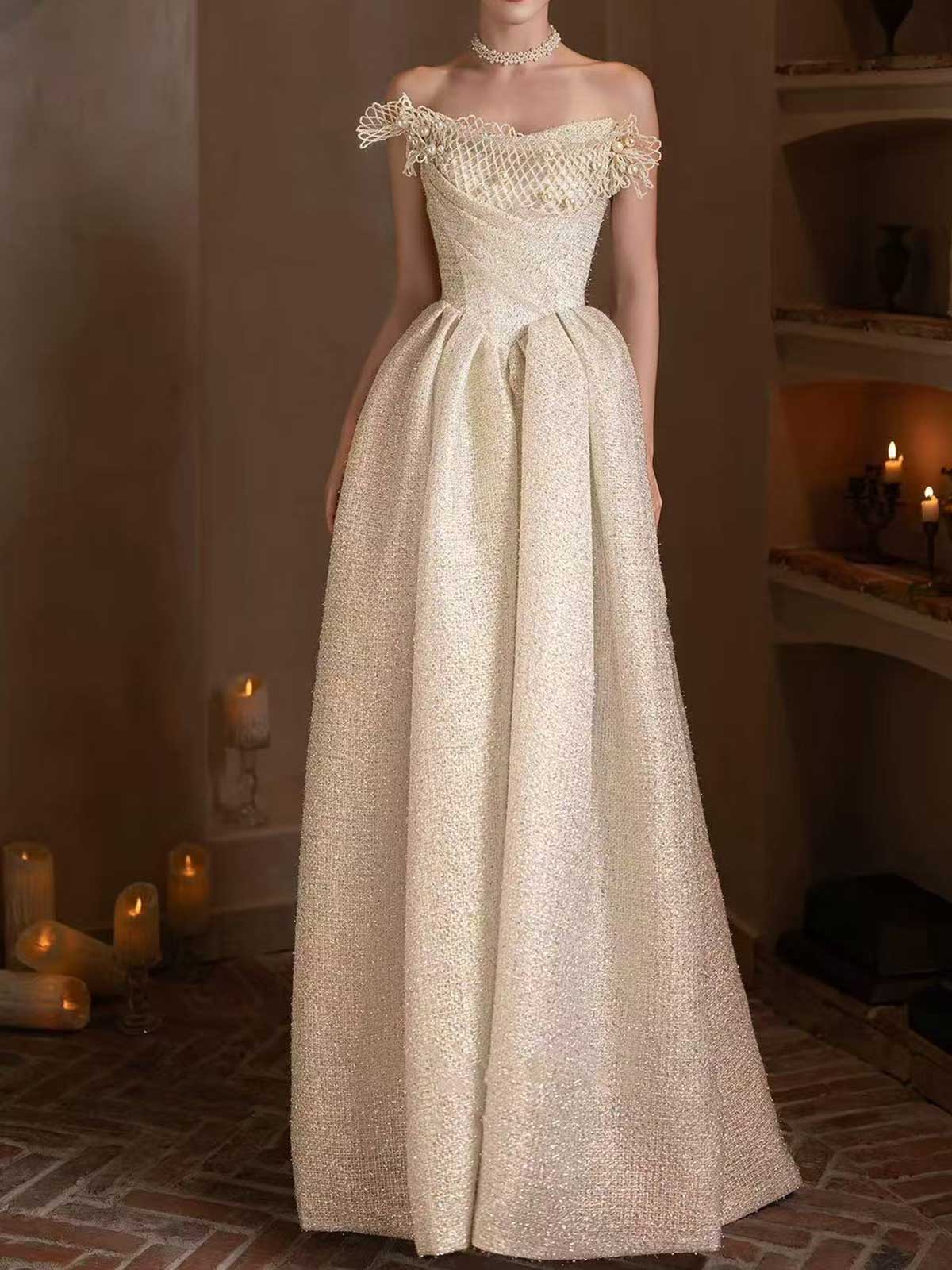 Off-the-Shoulder Ball Gown with Lace Mesh Neckline & Glitter Tweed Fabric