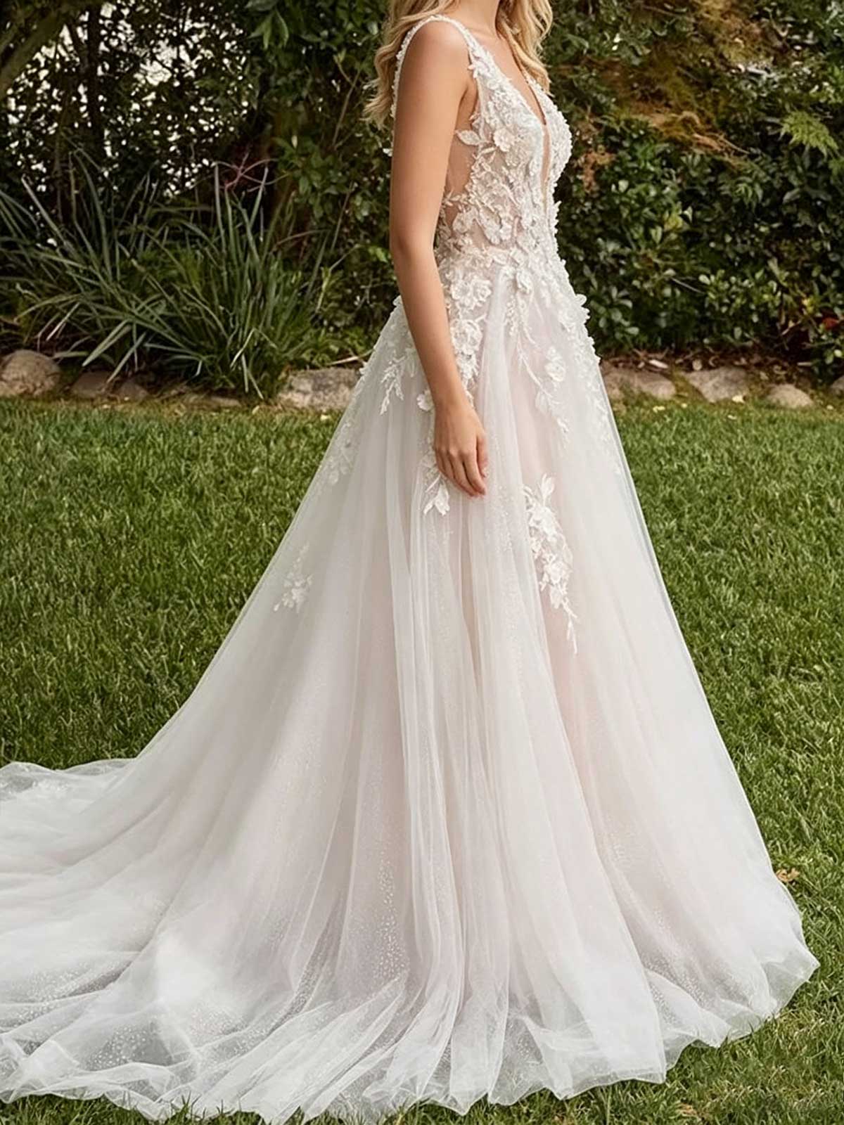 Ivory 3D Floral Applique V-Neck Sheer Tulle A-Line Wedding Dress