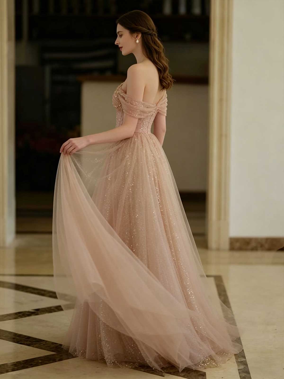 Nude Pink Starry Tulle Evening Gown