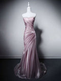 Dusty Pink Satin Mermaid Gown with Ruched Detailing