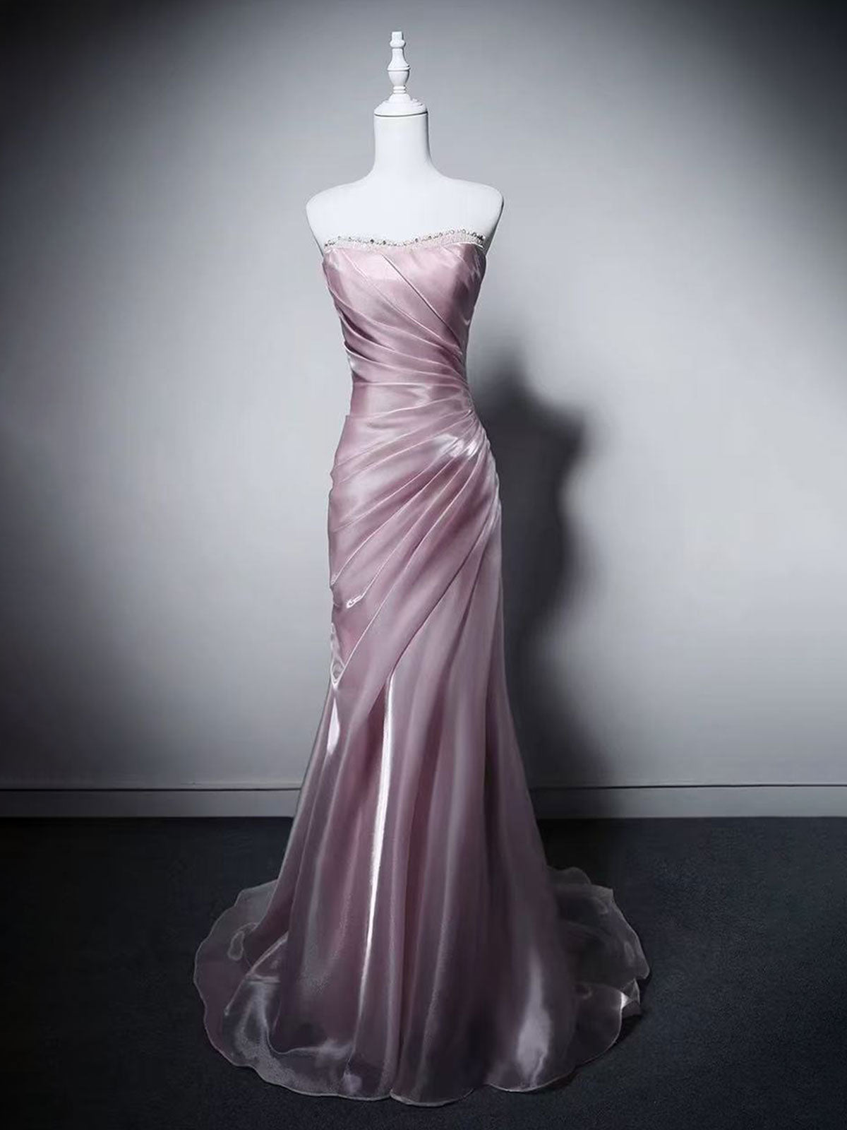 Dusty Pink Satin Mermaid Gown with Ruched Detailing
