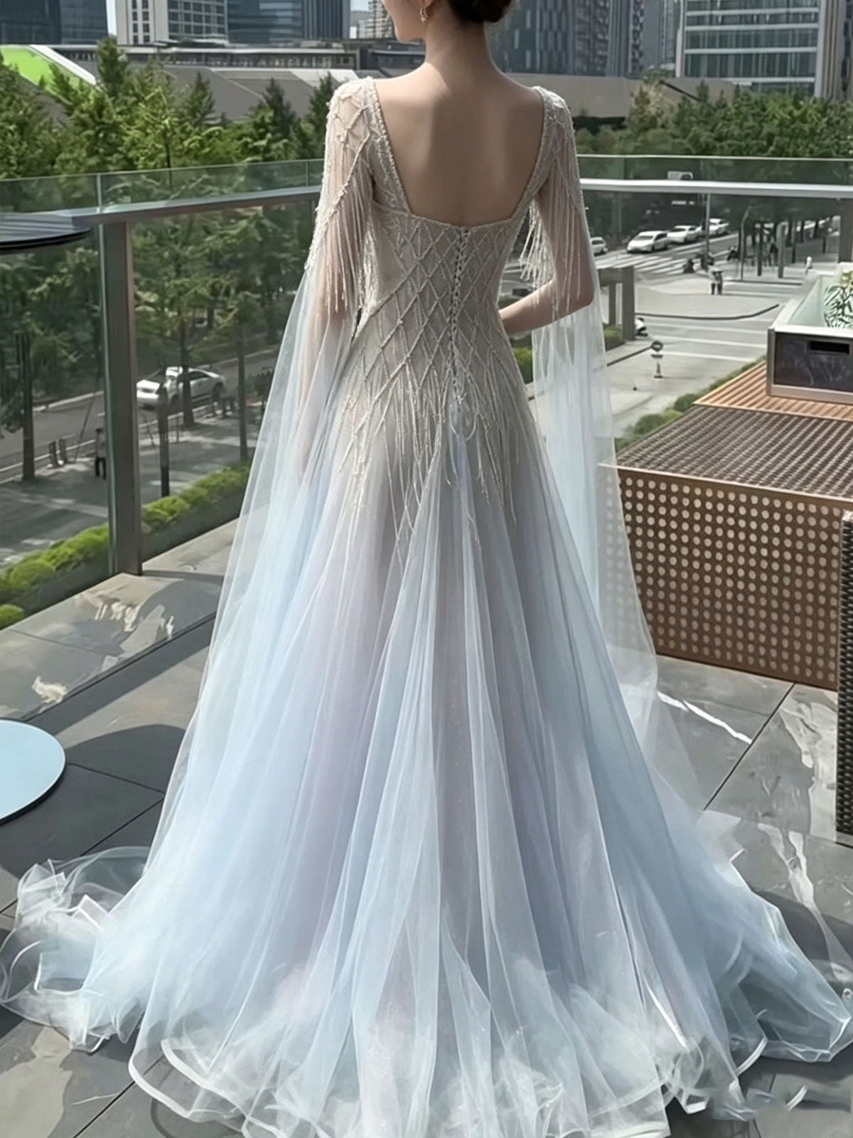 Square Neck Crisscross Beaded Cape Tulle Mermaid Evening Gown