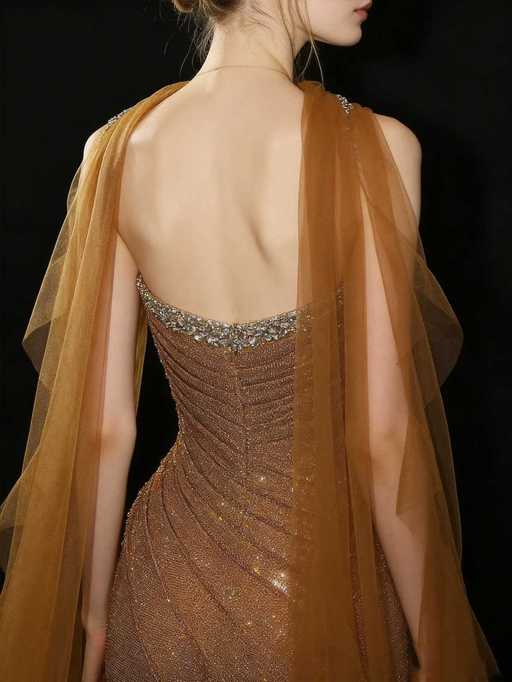 Glamorous Bronze Rhinestone Mesh Mermaid Evening Gown with Shawl